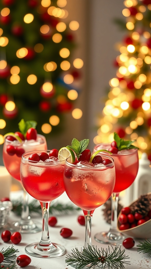 Festive vodka cocktails with cranberries and lime slices, served in elegant glasses with holiday decorations.